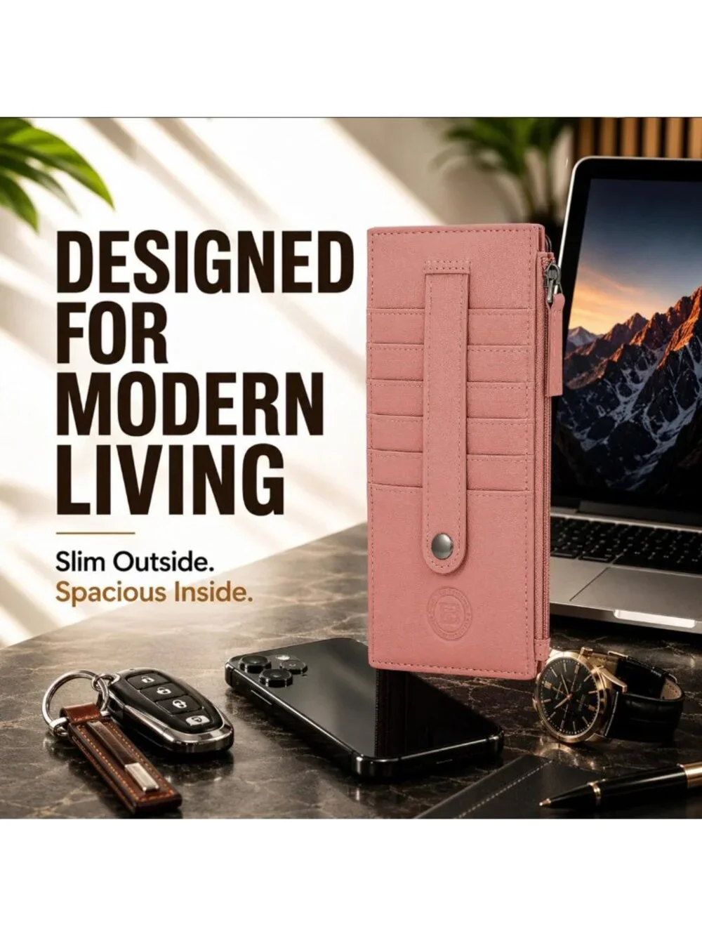Slim Leather Card Case Holder Wallet with Protection Strap - Peach Color